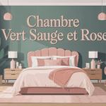 Chambre vert sauge et rose illustrée décor adulte moderne