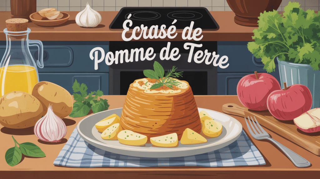 écrasé de pomme de terre sur table avec ingrédients et ambiance chaleureuse