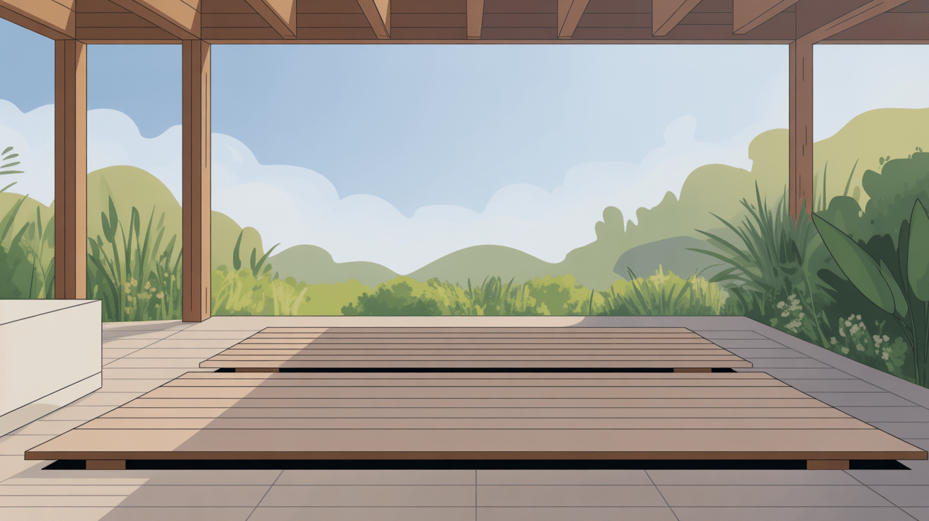 Vue stylisée de l'espace entre lame de terrasse en extérieur