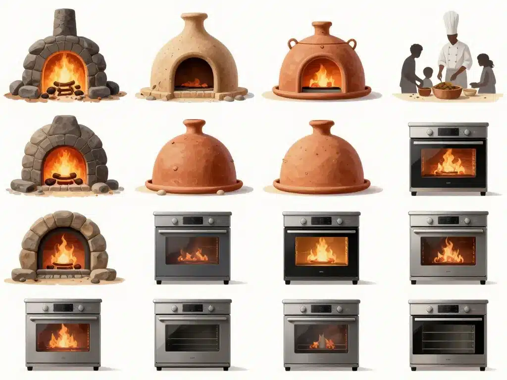 Image SEO montrant l'évolution du four des foyers en pierre aux fours modernes