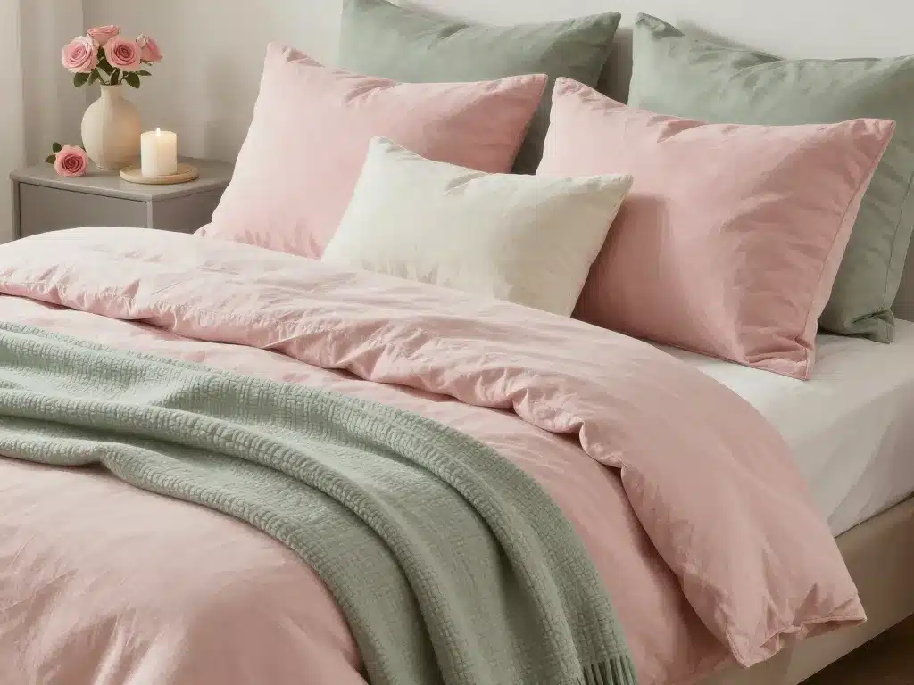 Linge de lit et déco rose chambre vert sauge et rose