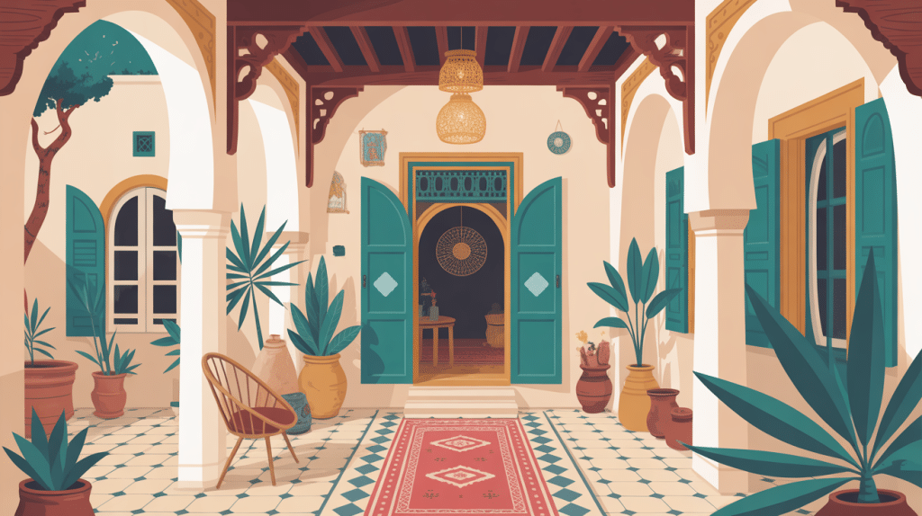 Illustration maison tunisienne patio traditionnel et ambiance méditerranéenne