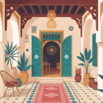 Illustration maison tunisienne patio traditionnel et ambiance méditerranéenne