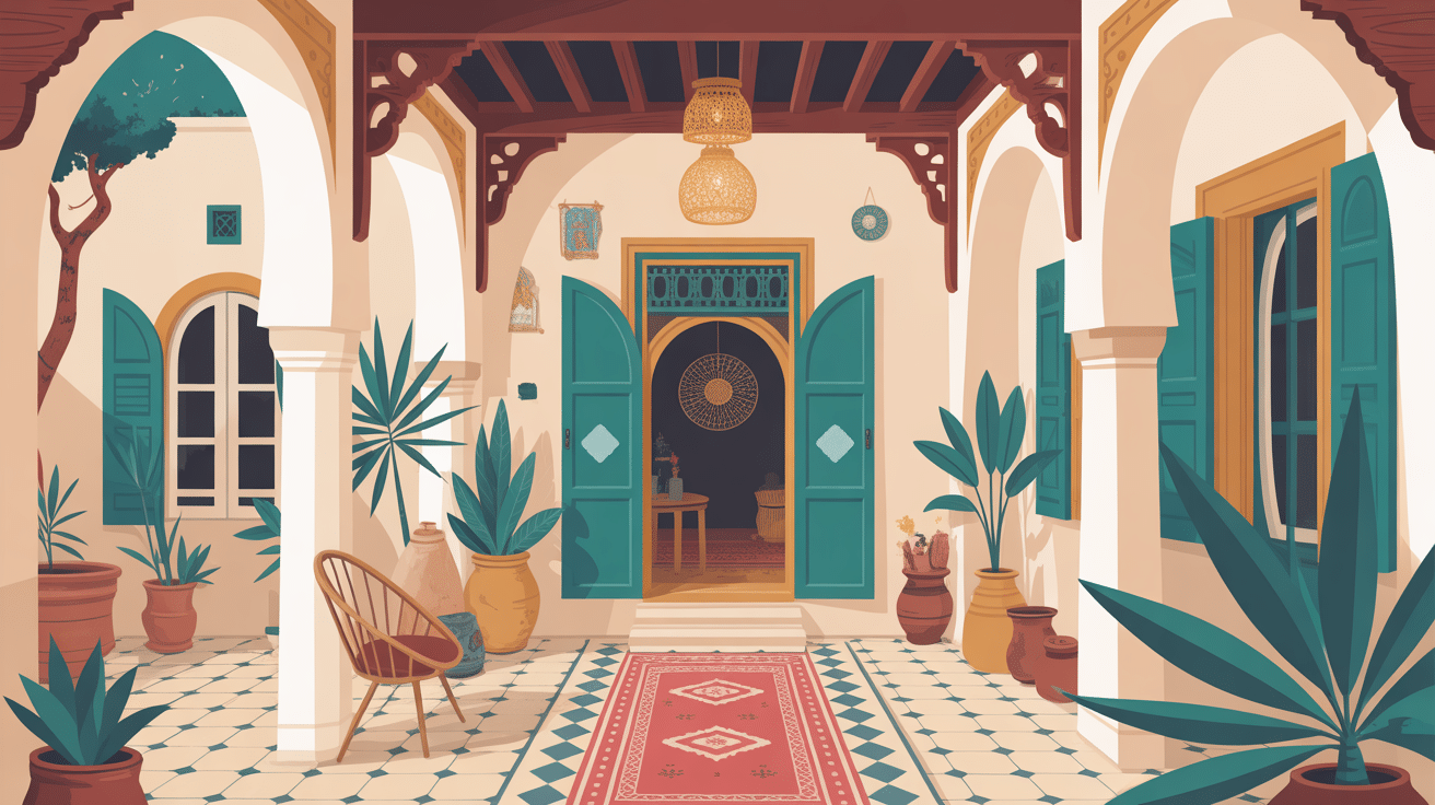 Illustration maison tunisienne patio traditionnel et ambiance méditerranéenne