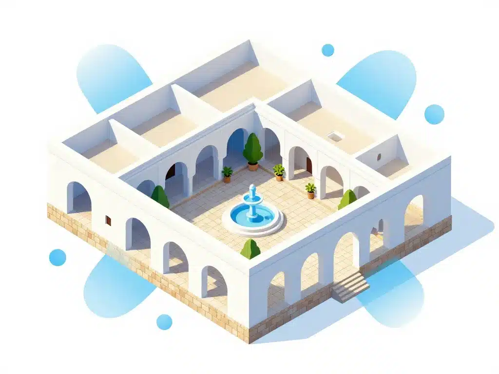 Diagramme plan maison tunisienne centré sur patio