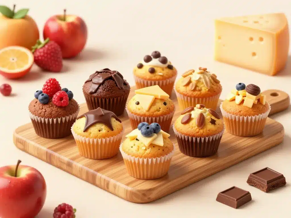 Variété de muffins sucrés salés présentés avec garnitures