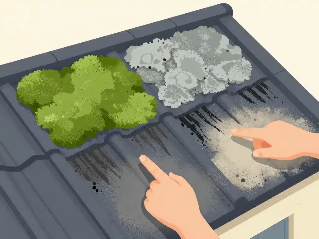 types de salissures sur toiture mousse lichen algues poussière