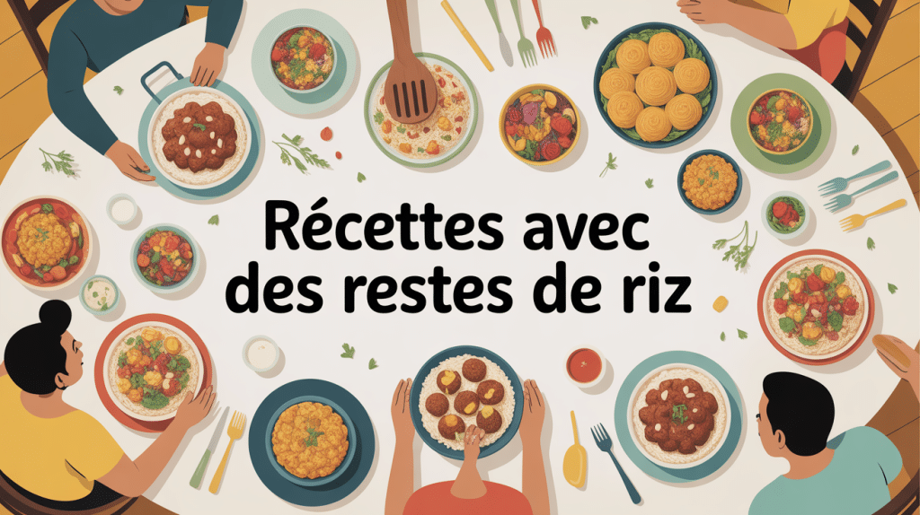 recette avec des restes de riz sous différentes formes sur une table familiale