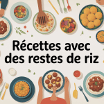 recette avec des restes de riz sous différentes formes sur une table familiale