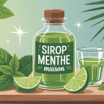 bouteille de sirop de menthe maison artisanal avec feuilles fraîches