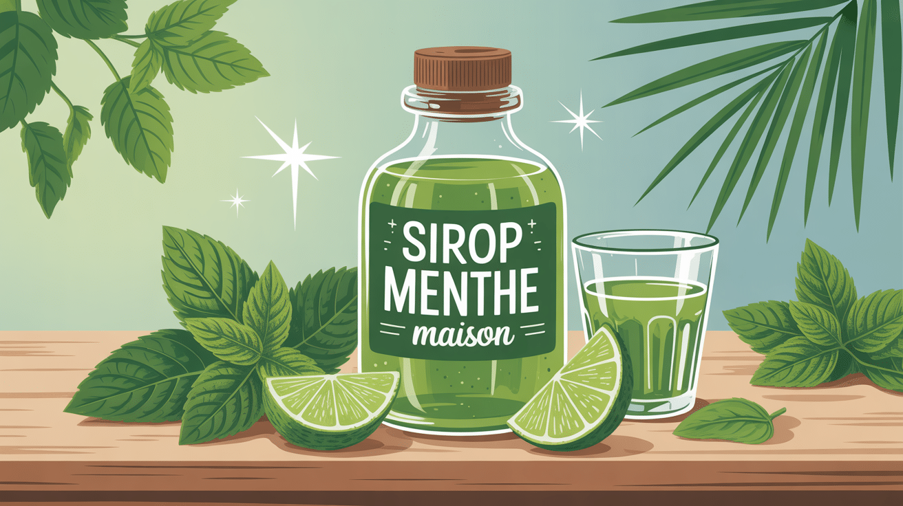 bouteille de sirop de menthe maison artisanal avec feuilles fraîches