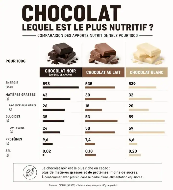 Comparatif nutritionnel chocolat noir pour régime et autres chocolats