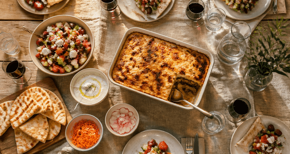 Accompagnement moussaka avec salades et mezze