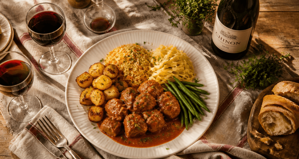 Accompagnement pour veau Marengo avec riz, tagliatelles, pommes de terre et légumes