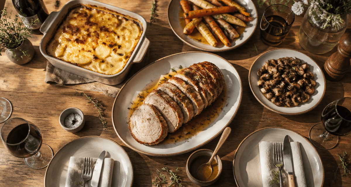 accompagner un roti orloff avec gratin, légumes et champignons