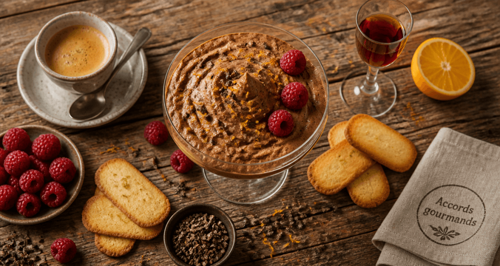accompagner une mousse au chocolat avec fruits, biscuits et boissons