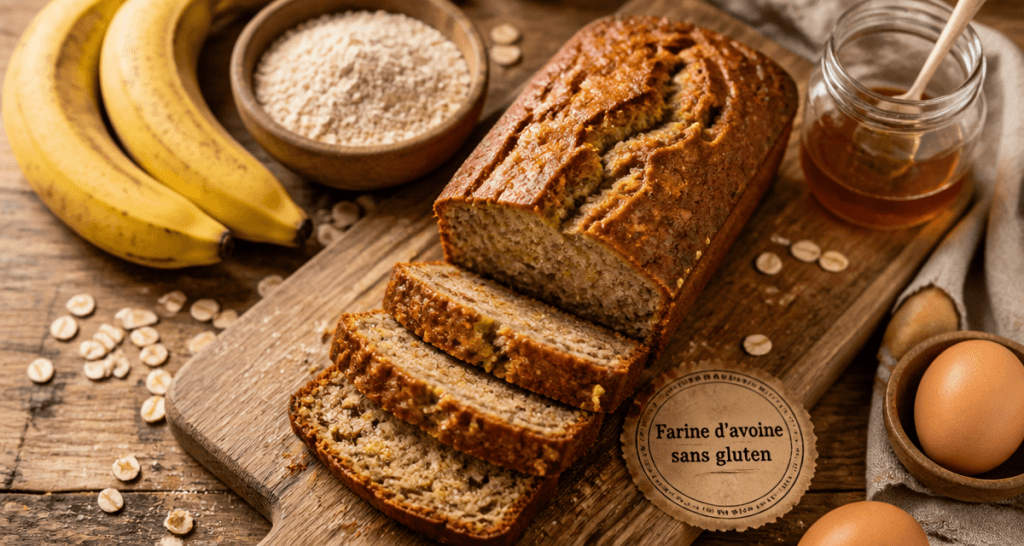 banana bread farine d avoine sans gluten sur planche