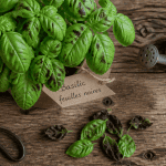 basilic feuilles noires en pot sur bois