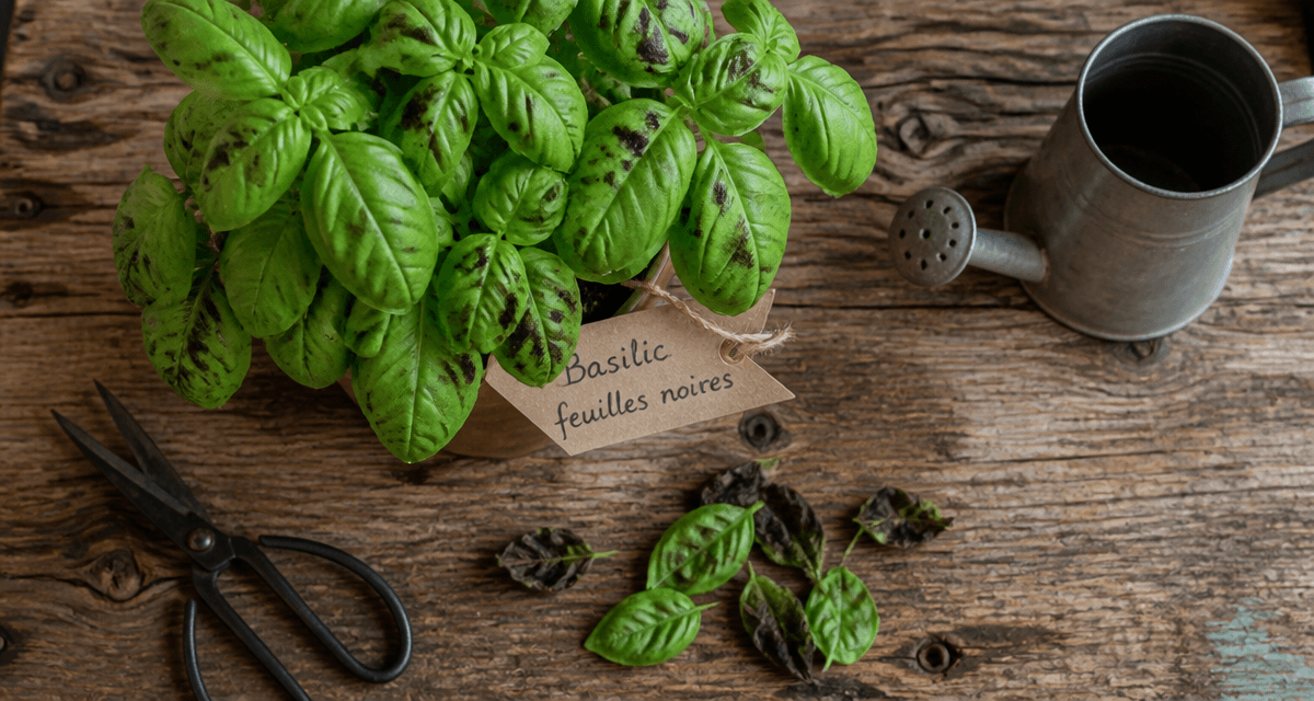 basilic feuilles noires en pot sur bois