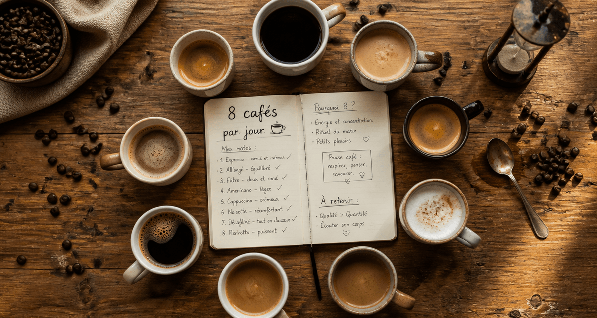 boire 8 cafe par jour huit tasses sur table
