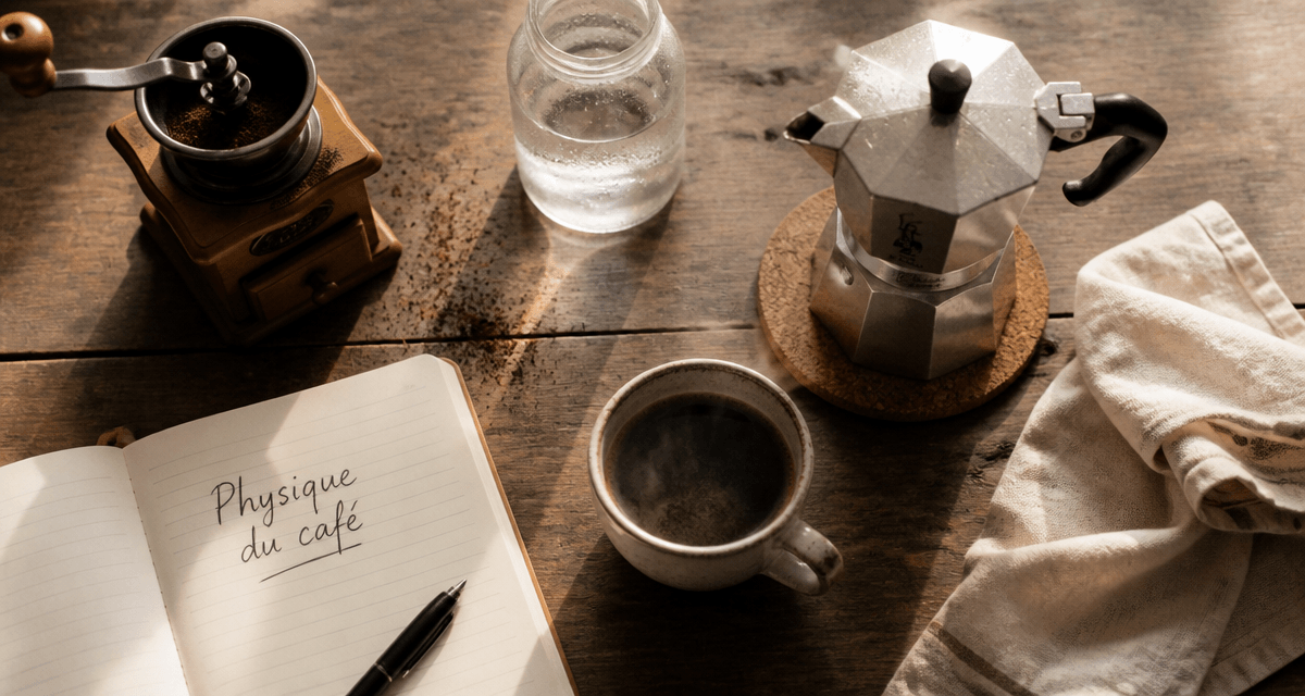 Cafetière italienne fonctionnement, table bois, accessoires café