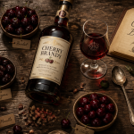 cherry brandy liqueur cerises et noyaux sur table