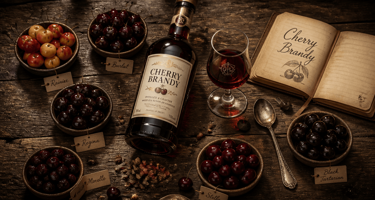 cherry brandy liqueur cerises et noyaux sur table