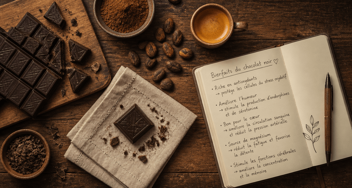 chocolat noir bienfaits et mefaits sur table rustique