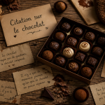 citation le chocolat sur une table avec chocolats et citations