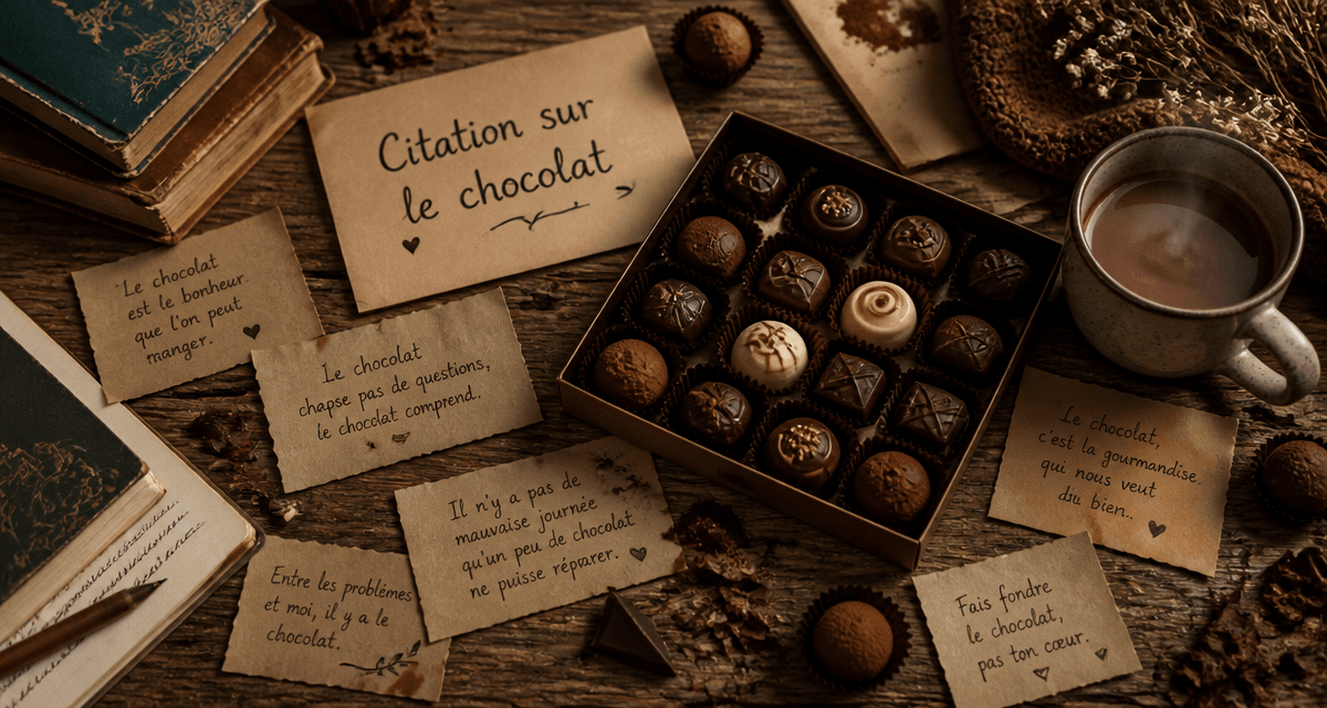 citation le chocolat sur une table avec chocolats et citations
