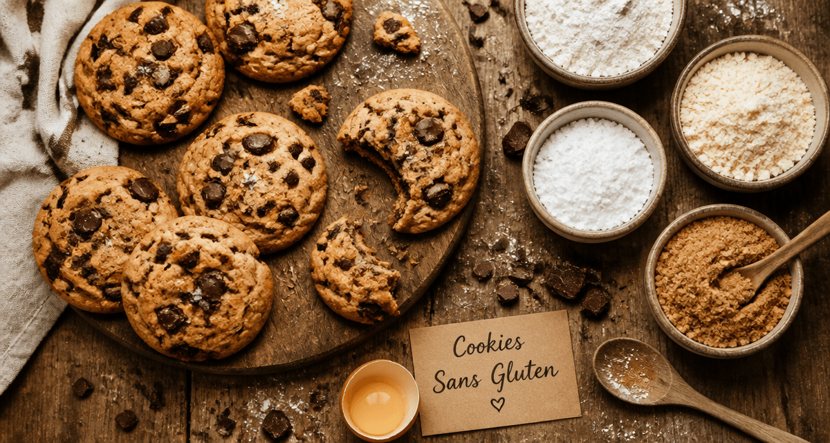 Cookies sans gluten et ingrédients sur table rustique