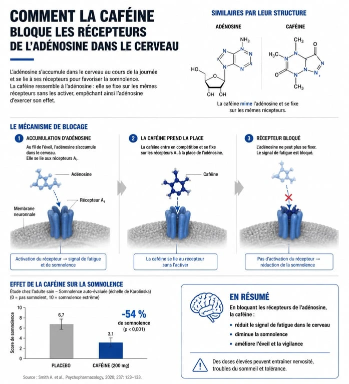 Infographie sur les effets néfastes du café sur le cerveau et le blocage de l'adénosine