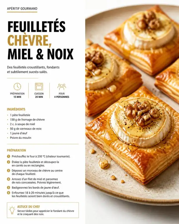 Feuilletés au chèvre, miel et noix croustillants, recette avec de la pâte feuilletée