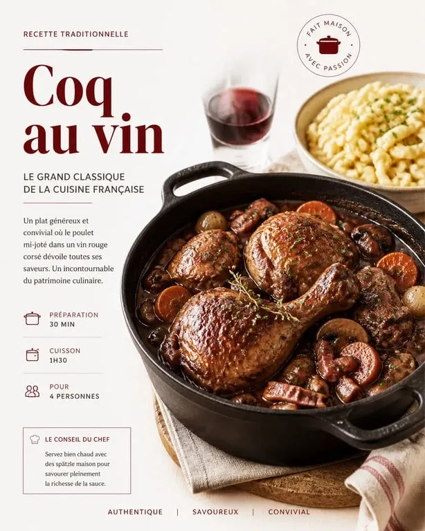 Coq au vin traditionnel servi avec des spätzle maison comme accompagnement
