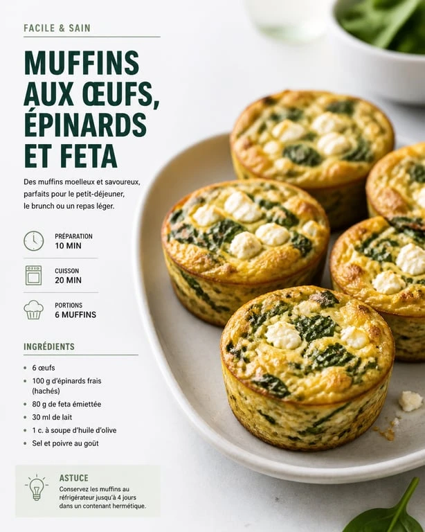Muffins aux œufs, épinards et feta pour un petit déjeuner salé à préparer la veille