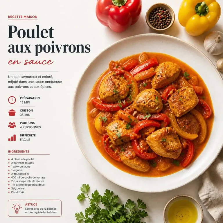 Recette poulet poivron en sauce dans une assiette