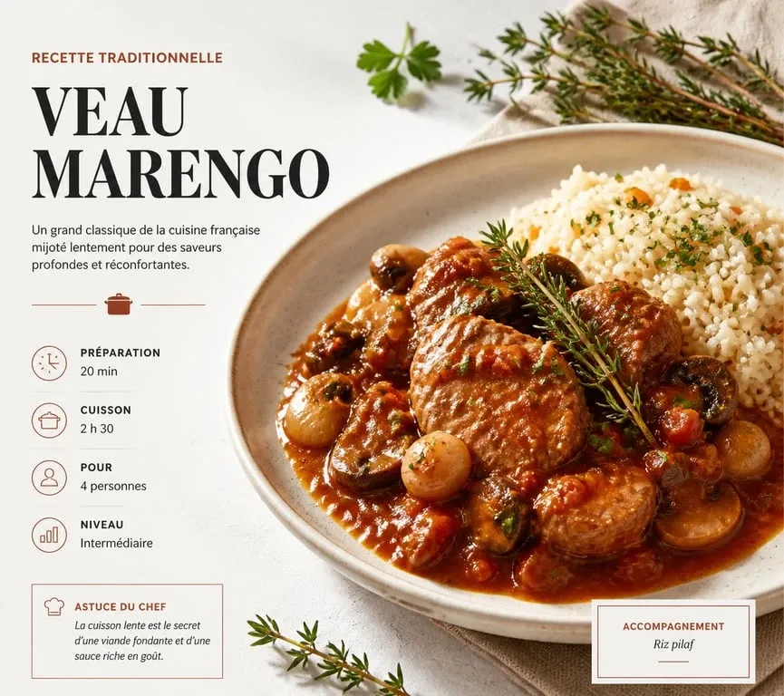 Veau Marengo accompagné de riz pilaf dans une assiette élégante