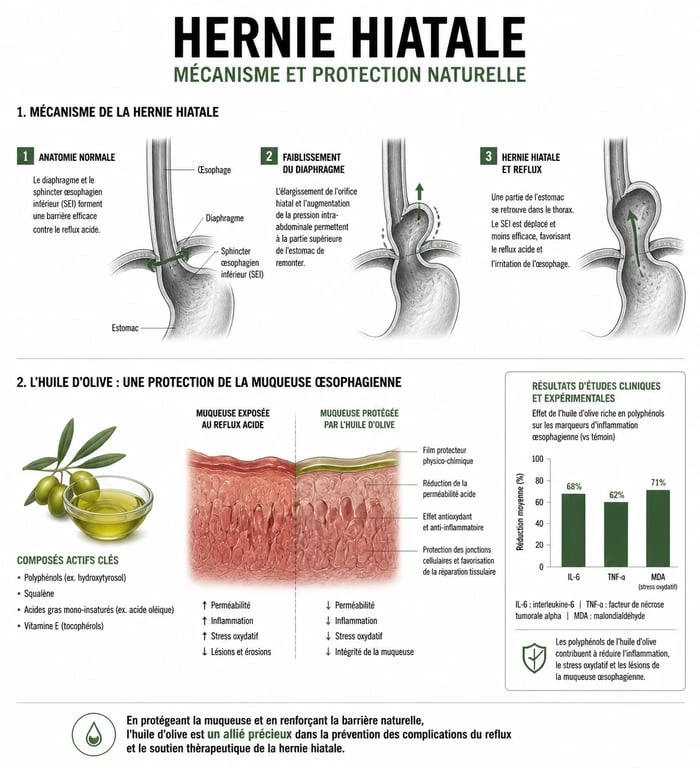 Infographie sur les bienfaits de l'huile d'olive pour la hernie hiatale et la protection de l'œsophage