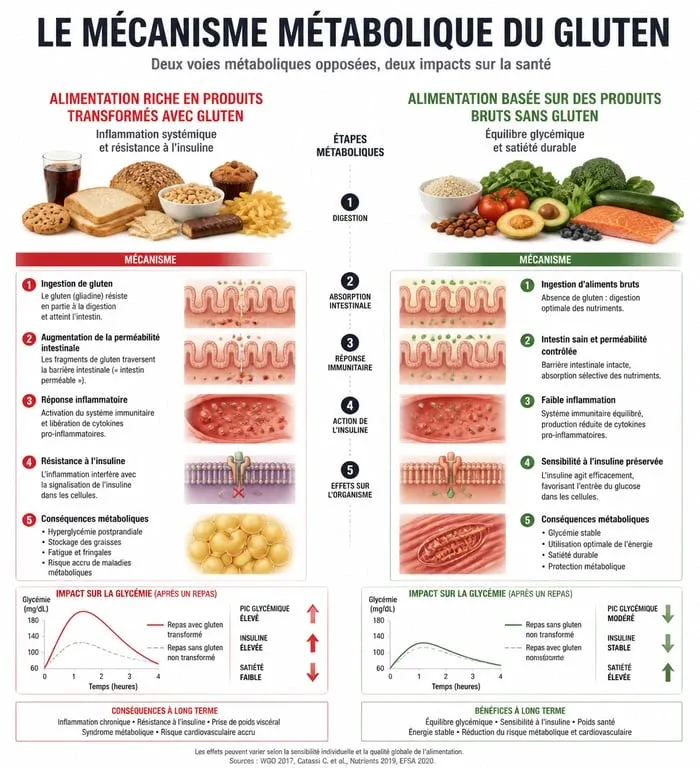 Infographie expliquant l'impact du gluten sur le métabolisme et la prise de poids