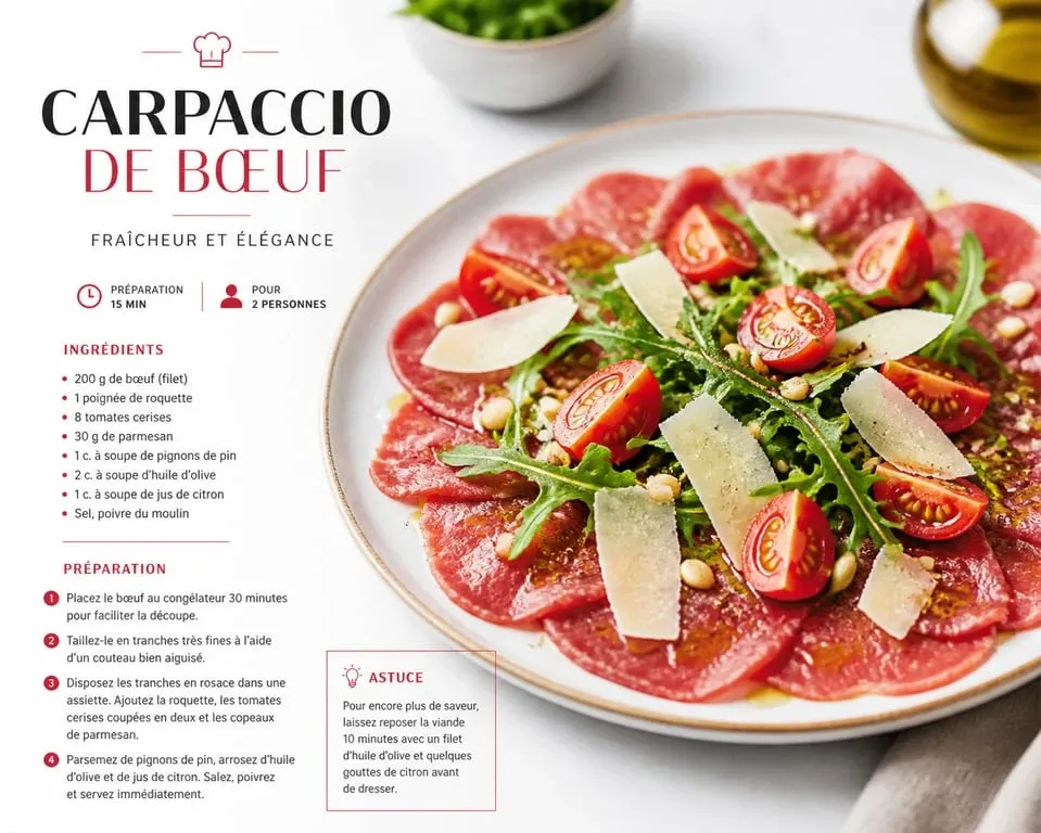 Carpaccio de bœuf avec roquette et parmesan, une idée d'accompagnement pour un repas raffiné