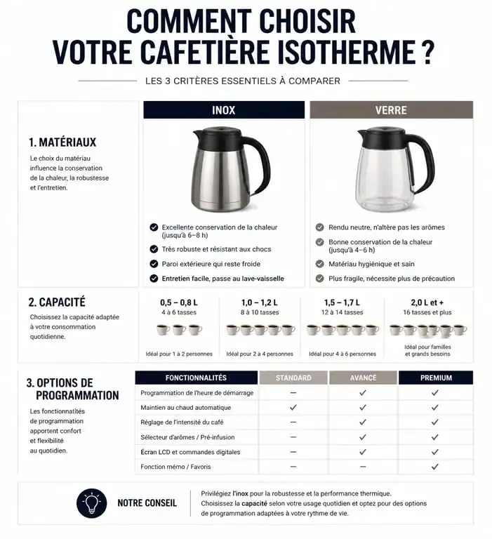 Infographie comparative des critères de choix pour la meilleure cafetière isotherme