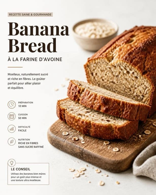 Banana bread moelleux réalisé avec de la farine d'avoine sans gluten, présenté sur une planche en bois