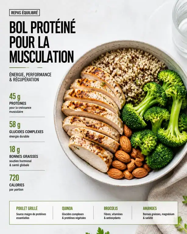 Assiette de meal prep riche en protéines pour la musculation avec poulet et quinoa