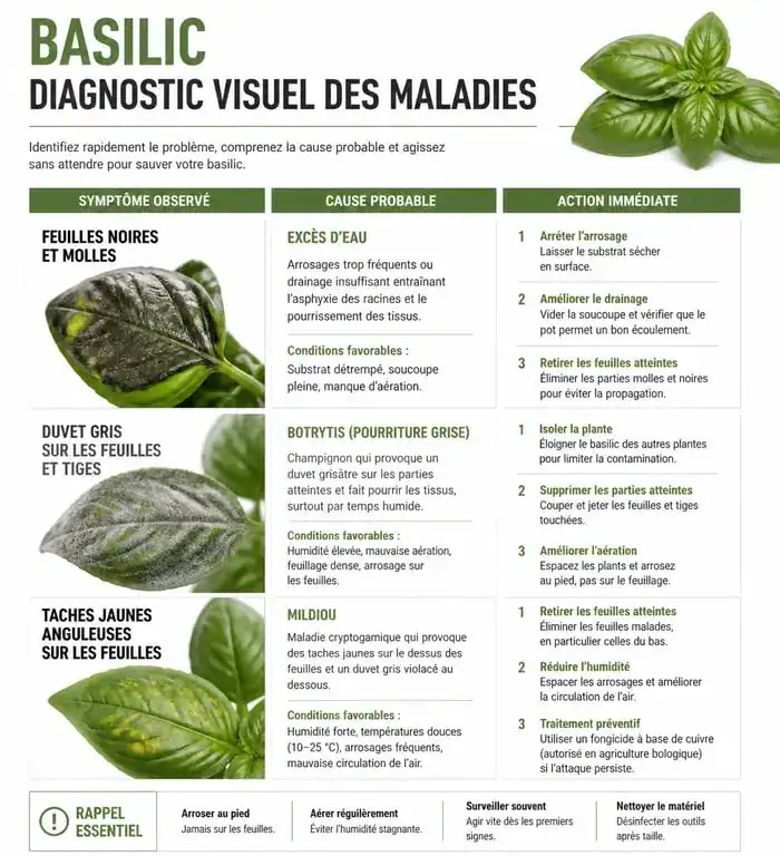 Infographie diagnostic basilic feuilles noires et maladies