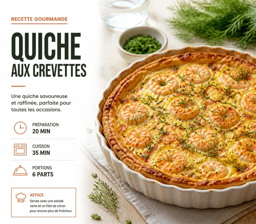 Quiche aux crevettes dorée et savoureuse servie sur une table
