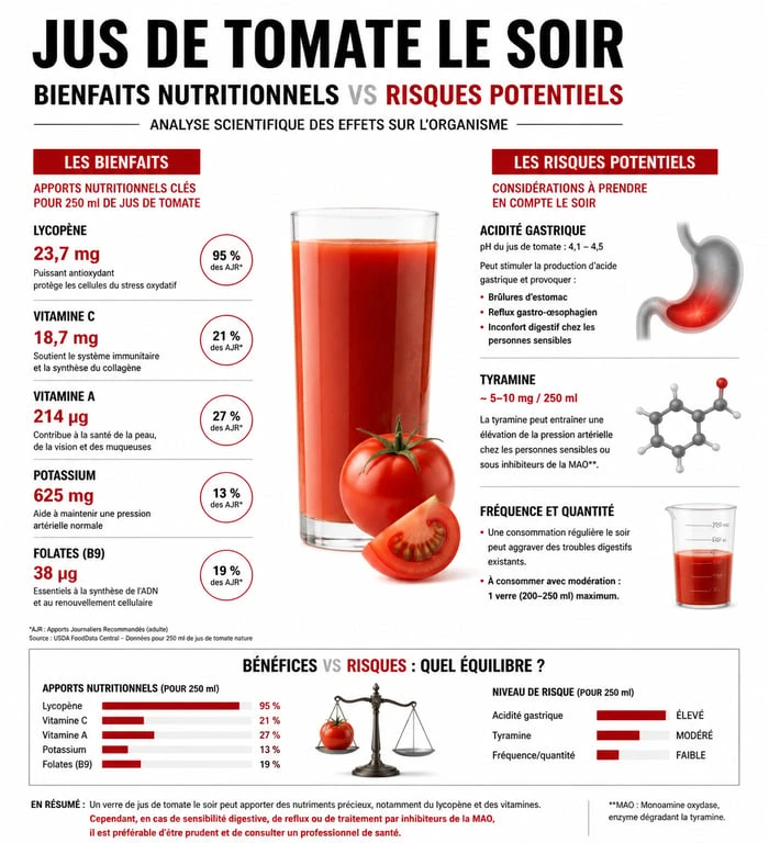 Infographie sur les bienfaits et risques de boire du jus de tomate le soir pour la santé et le sommeil
