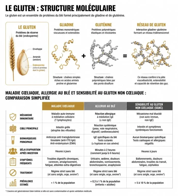Infographie explicative sur le gluten, sa composition et les différentes pathologies associées