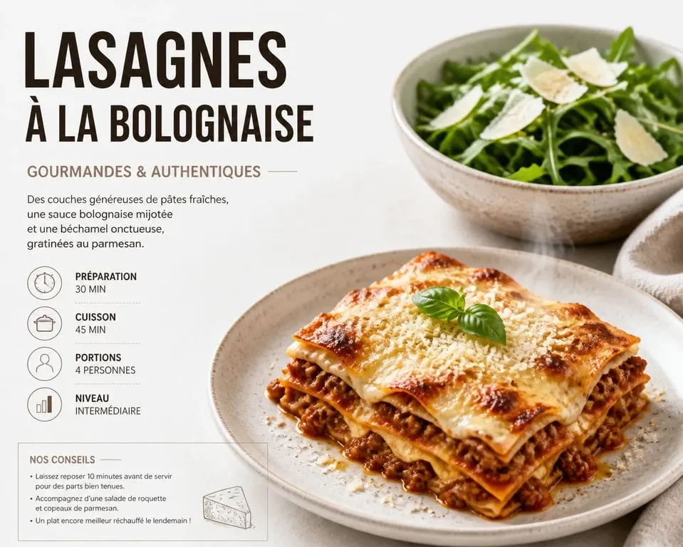 Assiette de lasagnes à la bolognaise accompagnée d'une salade de roquette pour un repas équilibré
