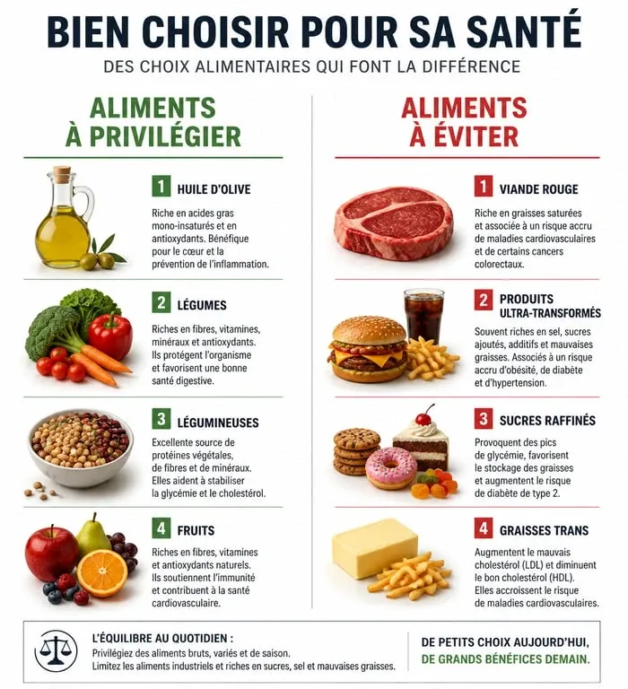 Infographie comparative des aliments recommandés et interdits dans le régime crétois pour une alimentation saine