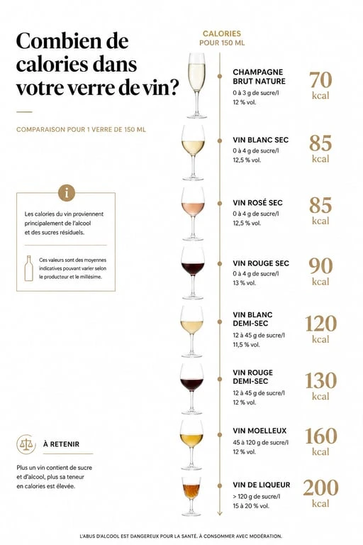 Infographie comparative des calories par type de vin pour identifier le vin le moins calorique